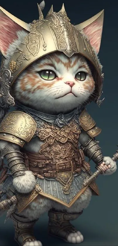 Armored cat warrior in detailed armor with weapon.