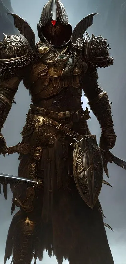 Dark armored warrior in fantasy setting with a sword and shield.