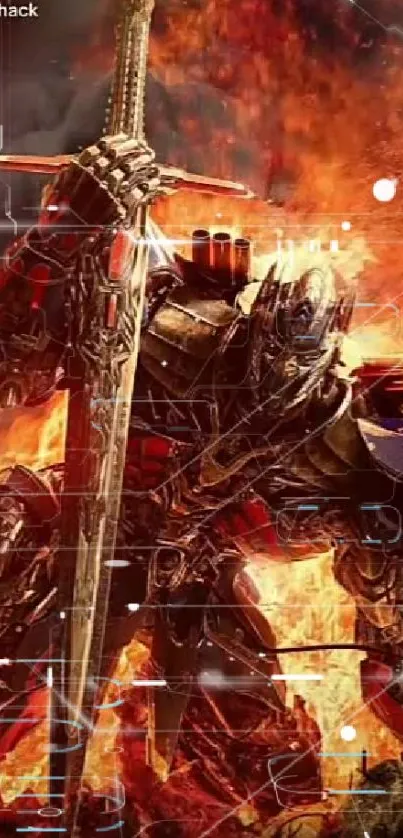 Armored robot holding a sword in a fiery digital scene.