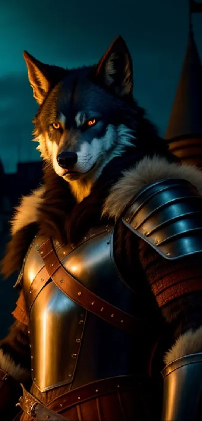 A wolf warrior in armor under a full moon by a castle.