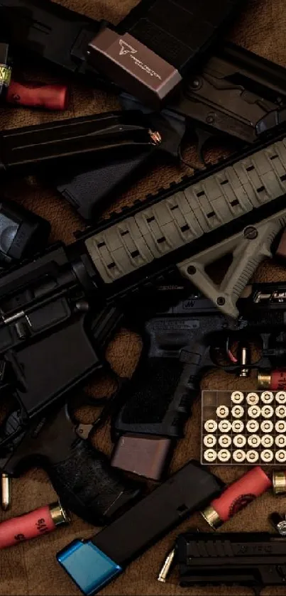 Assorted guns and bullets on a brown surface wallpaper.