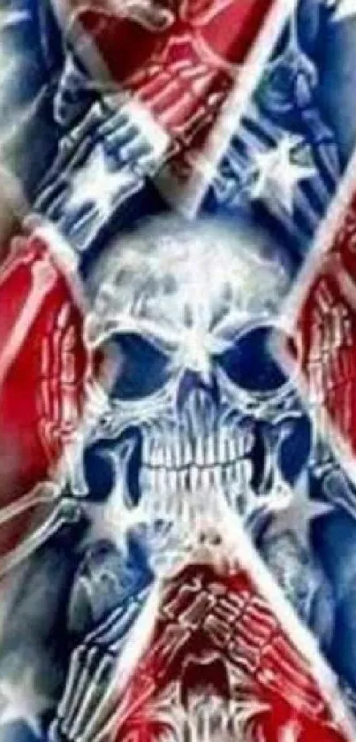 Mobile wallpaper with a vibrant skull and flag design in red, white, and blue.