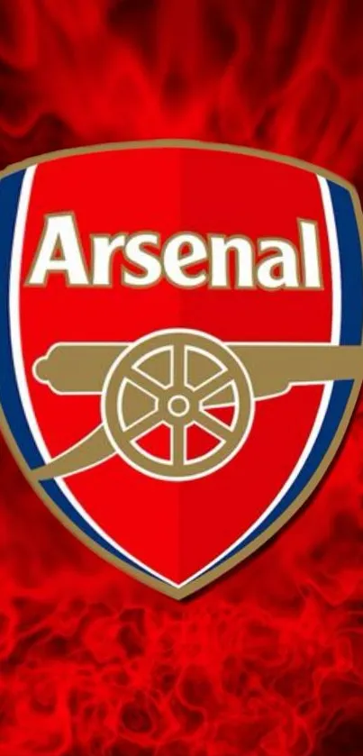 Arsenal logo with red flame backdrop on mobile wallpaper.