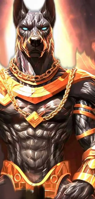 Epic digital artwork of Anubis warrior with glowing orange elements.