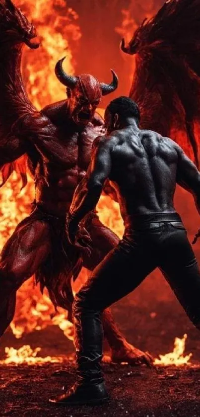 Epic demon and warrior face off in fiery battle scene wallpaper.