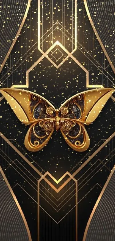 Elegant gold butterfly with Art Deco design on a black background.