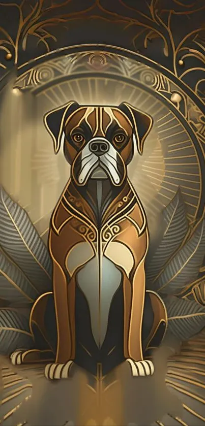 Art Deco style wallpaper of a dog with gold and intricate patterns.