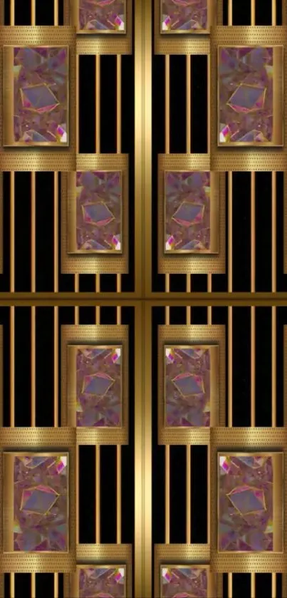 Art Deco wallpaper with gold patterns and gemstones.