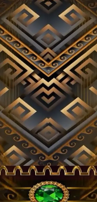 Art Deco geometric design with gold and green gemstone.