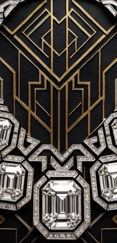 Luxurious Art Deco wallpaper with diamonds and geometric patterns.