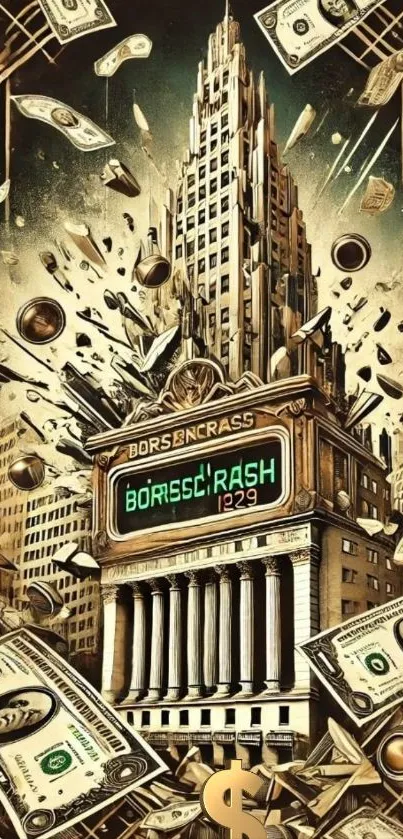 Retro artwork of 1929 financial crash with money and cityscape.