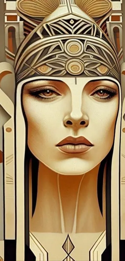 Art Deco warrior woman artwork in earthy tones.