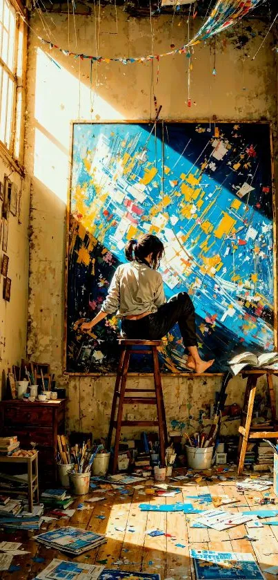 Artist painting in light-filled art studio.