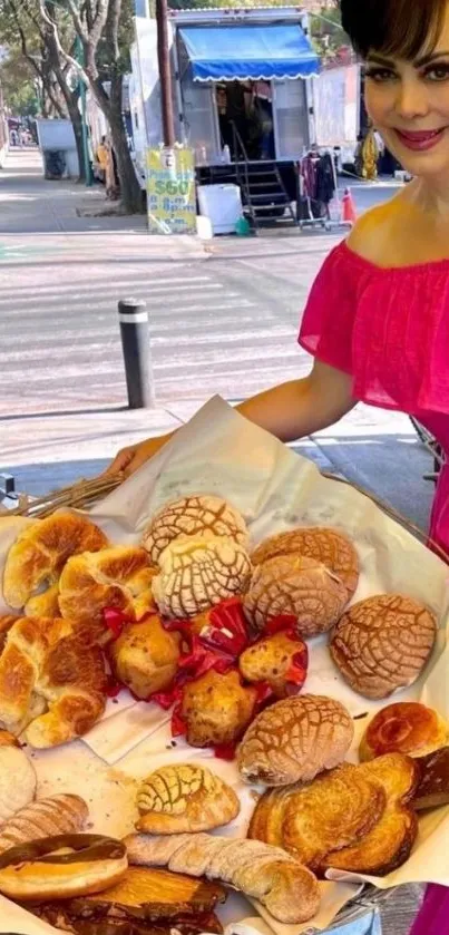 Woman in pink with assorted pastries display.