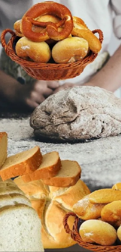 Person kneading dough with various bread types on wooden table.