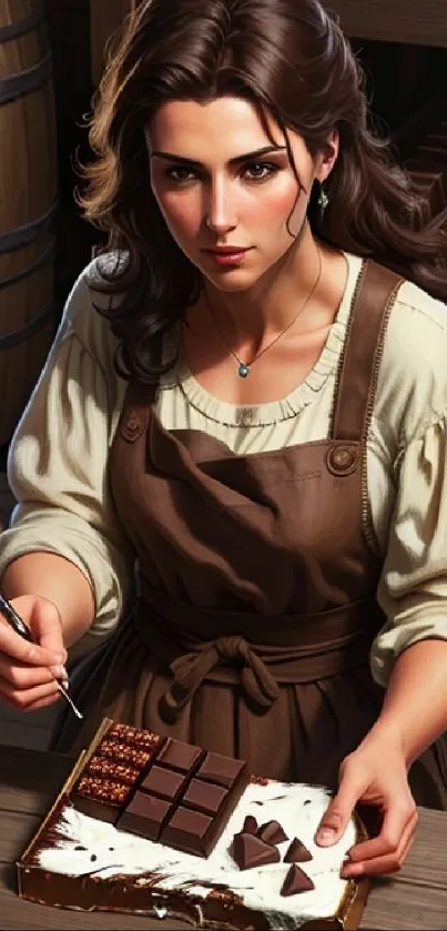 Female artisan preparing chocolate in a cozy kitchen.