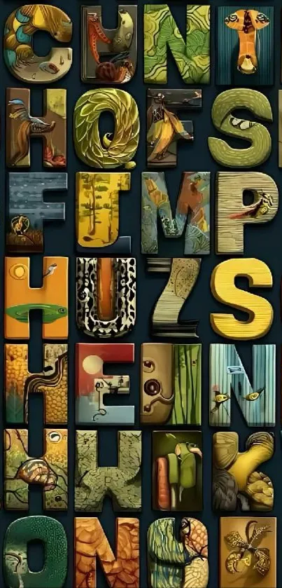 Colorful artistic alphabet mosaic wallpaper with nature-themed letters.