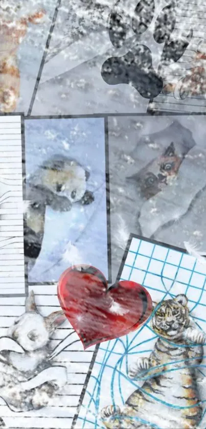Artistic animal collage with snow and heart.