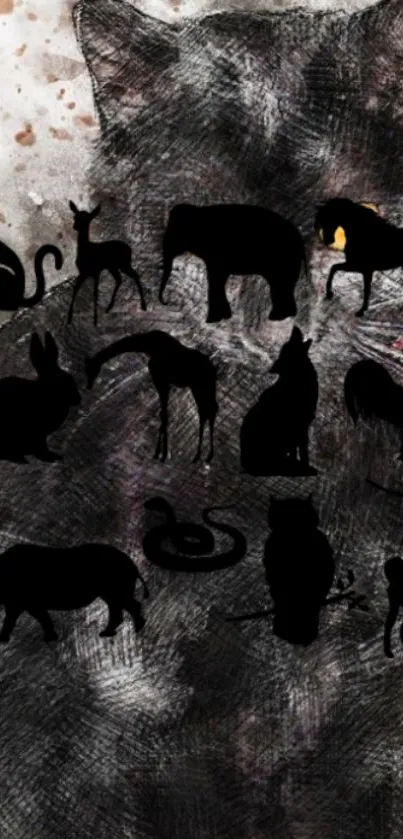 Artistic animal silhouettes on a textured grey cat wallpaper.