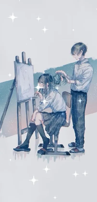 Anime duo creating art on canvas in serene setting.