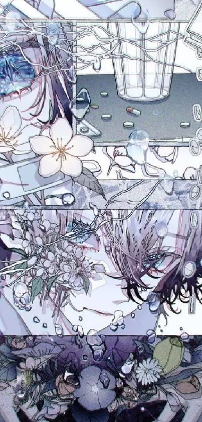 Anime-inspired floral wallpaper with intricate design.