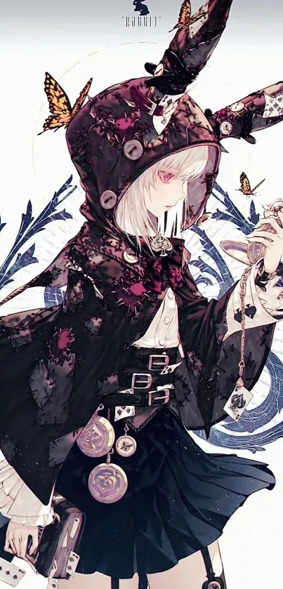 Anime girl with dark, mystical cloak and butterflies.