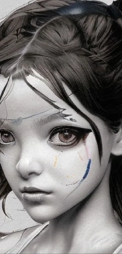 Artistic anime girl portrait with unique facial paint in digital illustration.