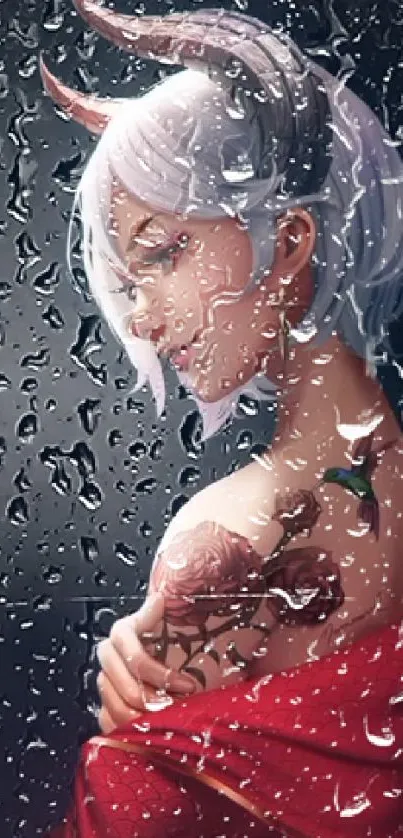 Anime character with horns, tattoo, and raindrops.