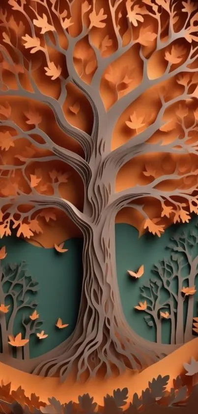 Artistic autumn tree with orange leaves and intricate paper-cut design.