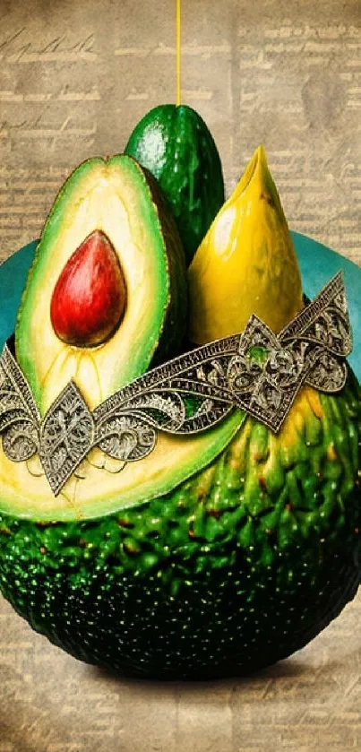 Surreal artistic avocado wallpaper with vibrant colors.