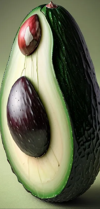 Realistic sliced avocado art on a green background.