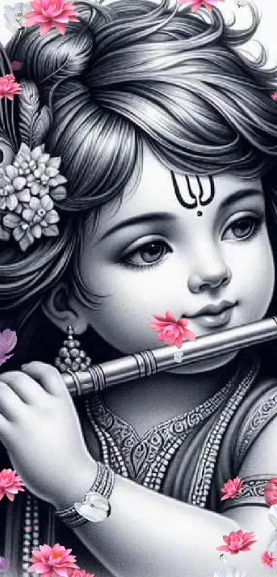 Monochrome baby Krishna with flute and pink flowers.