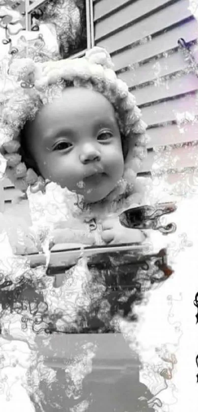 Artistic black and white baby portrait wallpaper with textured design.