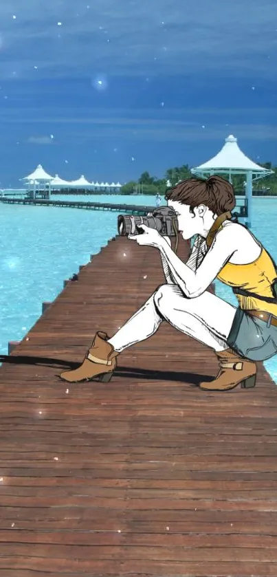 Artistic depiction of a photographer on a tropical pier with ocean view.