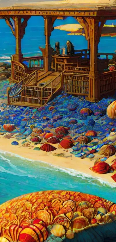 Artistic beach scene with colorful shells and wooden structure.