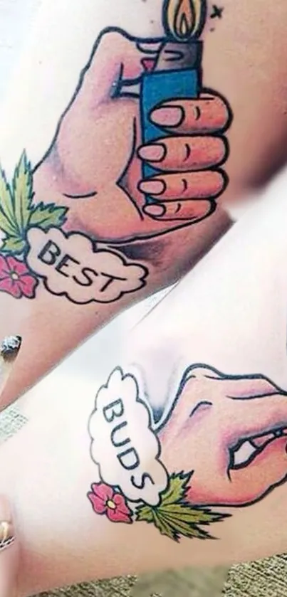 Vibrant 'Best Buds' tattoo design with hands, lighter, and joint.