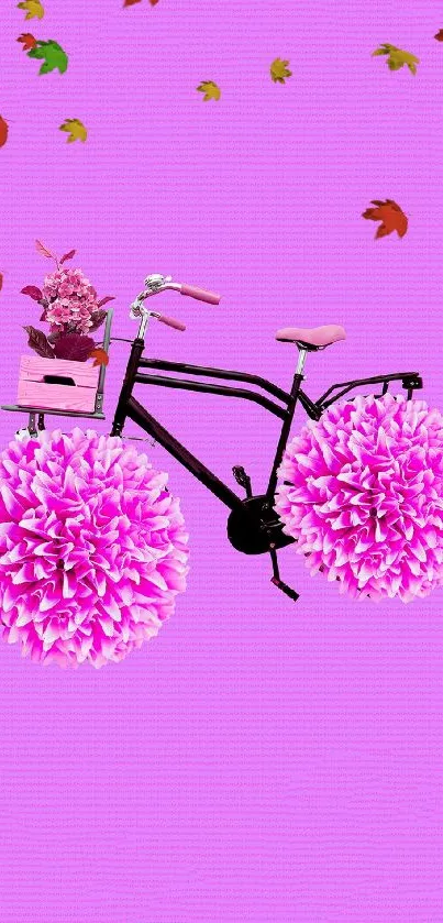 Black bicycle with pink floral wheels on purple background.