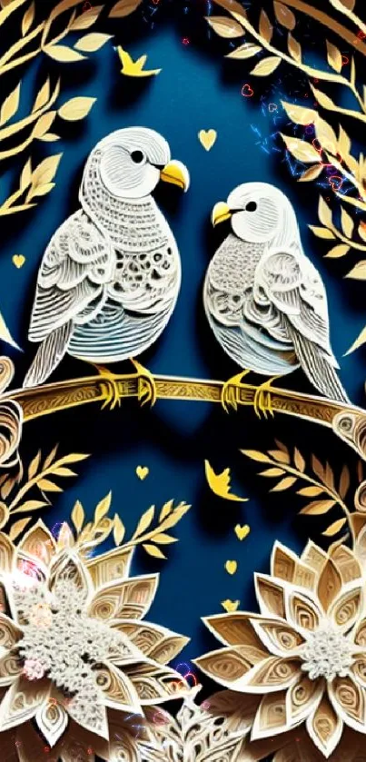 Artistic paper craft birds with intricate floral designs on dark blue background.