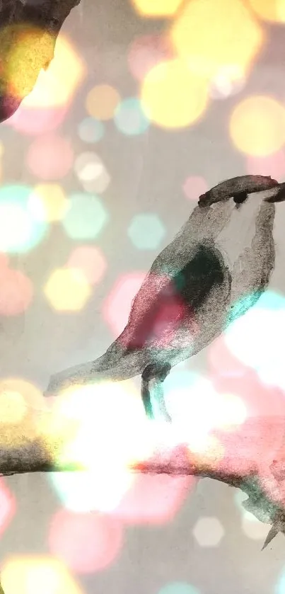 Whimsical bird illustration with colorful bokeh light effects on a mobile wallpaper.