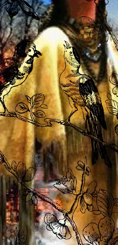 Artistic birds and blossoms with warm sunset glow mobile wallpaper.