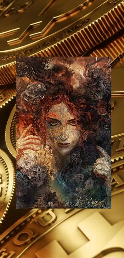 Abstract art with woman face and crypto coins in gold tones.