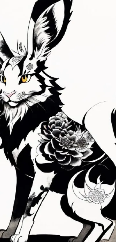 Black and white fantasy creature art with elegant floral patterns.