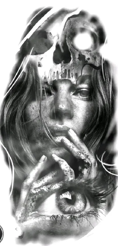 Black and white artistic wallpaper with surreal portrait.