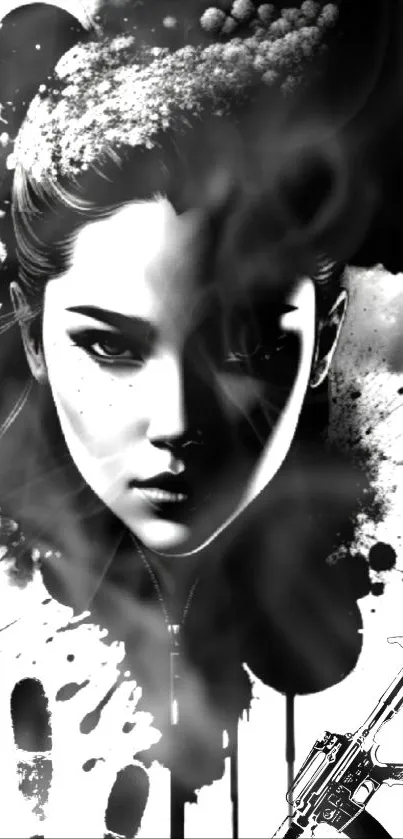 Black and white artistic portrait mobile wallpaper with abstract elements.