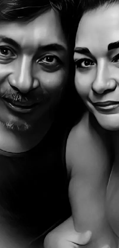 Artistic black and white portrait of two people, capturing expressive details.