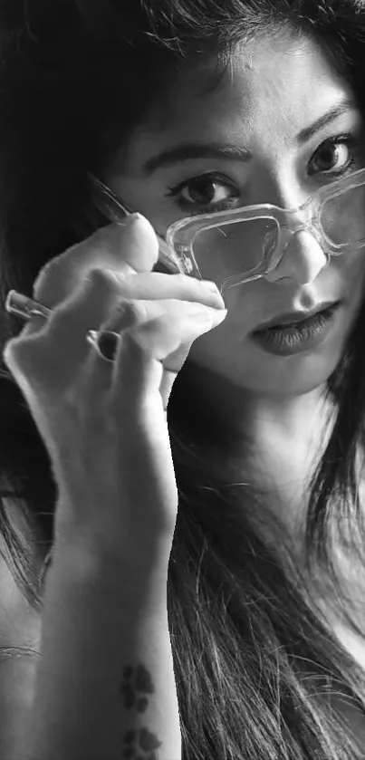 Black and white portrait of a woman wearing glasses.