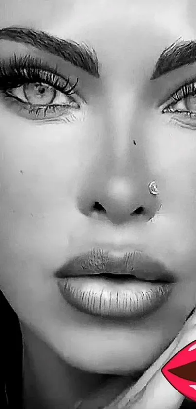 Black and white close-up of a stylized portrait with artistic detail.