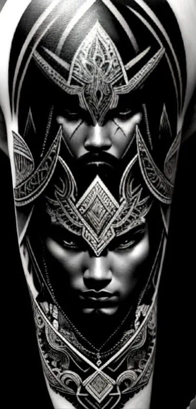 Intricate black and white tattoo design, tribal style art.