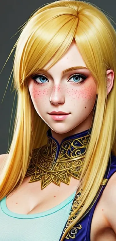 Blonde animated character with blue eyes and detailed clothing design.