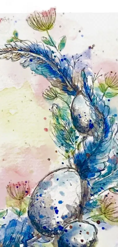 Watercolor blue feather and floral abstract wallpaper design.